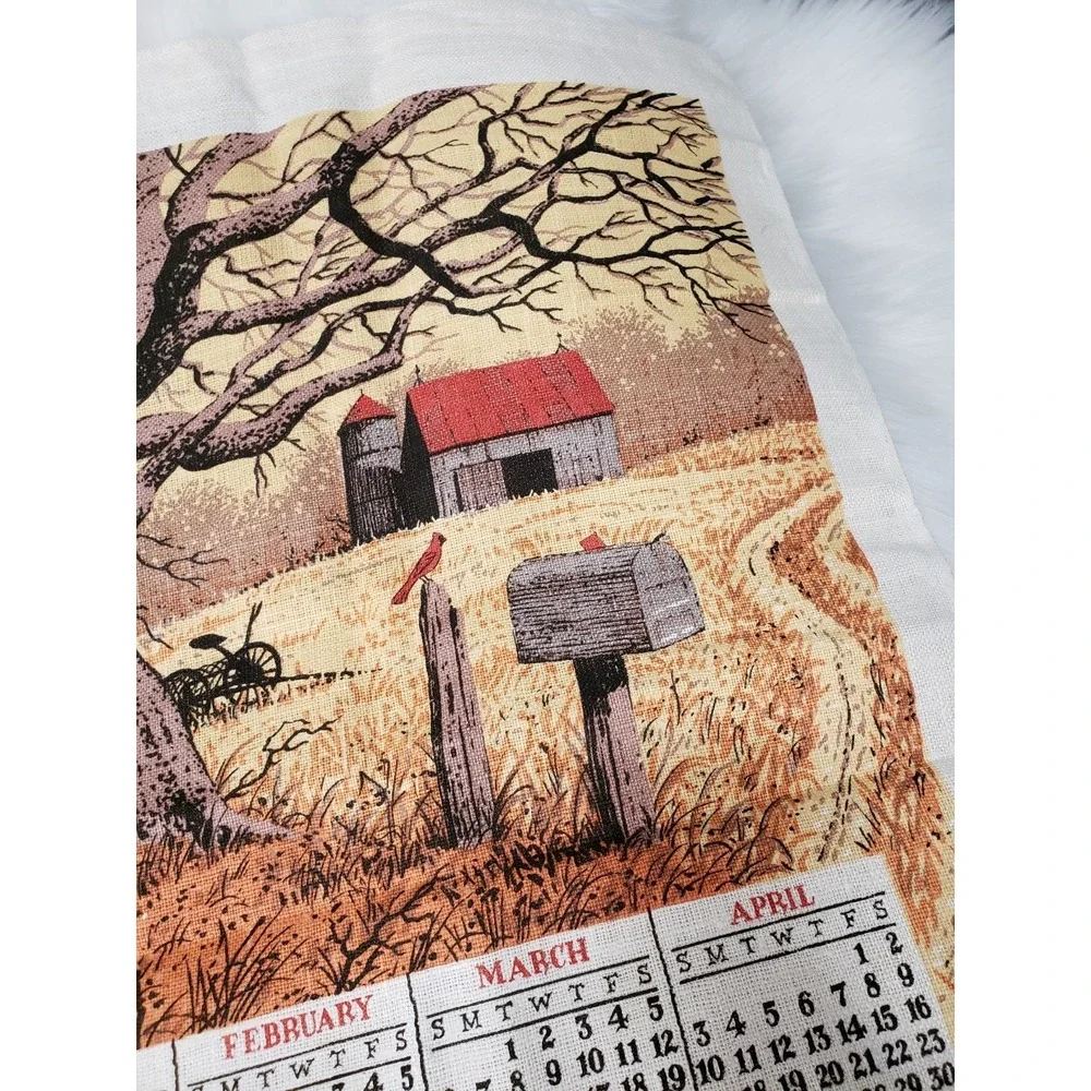 Vintage Retro 1983 Calender Tea Towel FALL Autumn Barn Farm Kitchen Cottagecore